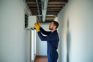 Technicien installant une climatisation gainable Daikin dans un couloir résidentiel moderne à Montpellier