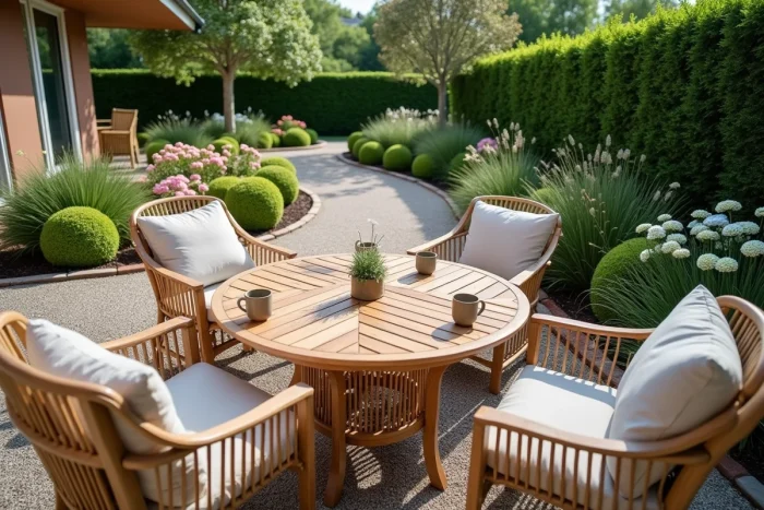 Terrasse de jardin accueillante avec mobilier en rotin et massifs de fleurs harmonieusement aménagés