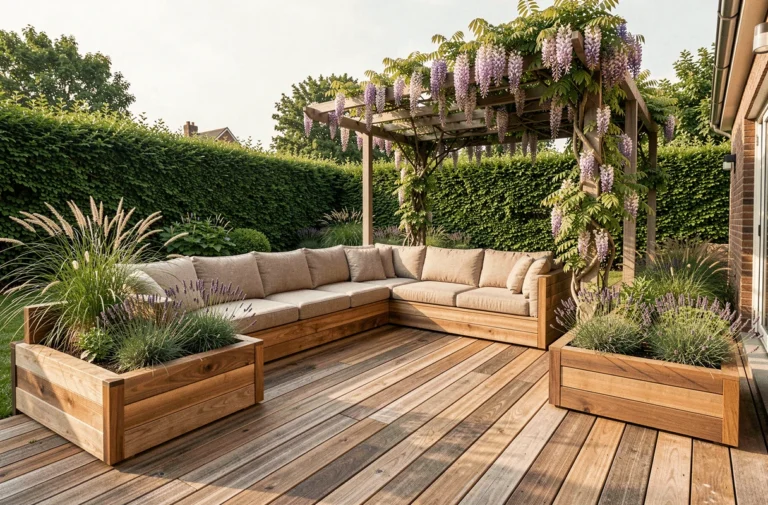 Terrasse sur mesure en bois de teck avec pergola et plantes ornementales dans un jardin contemporain