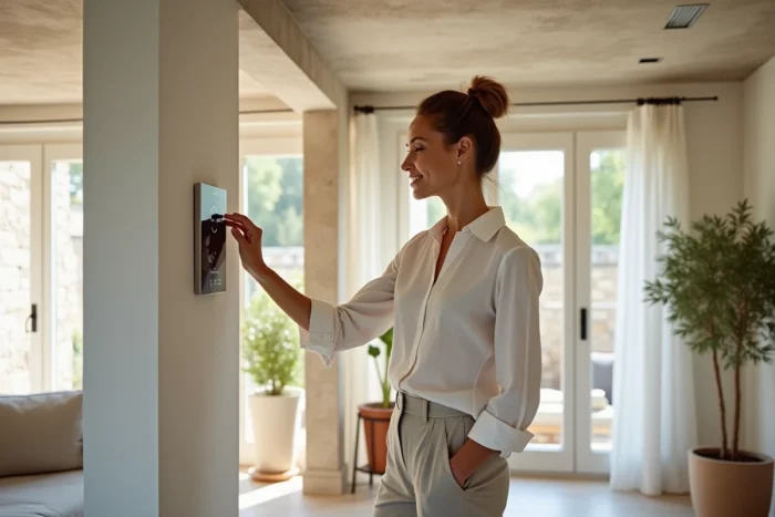 Femme réglant le thermostat d'une climatisation gainable Carrier dans un salon contemporain à Montpellier