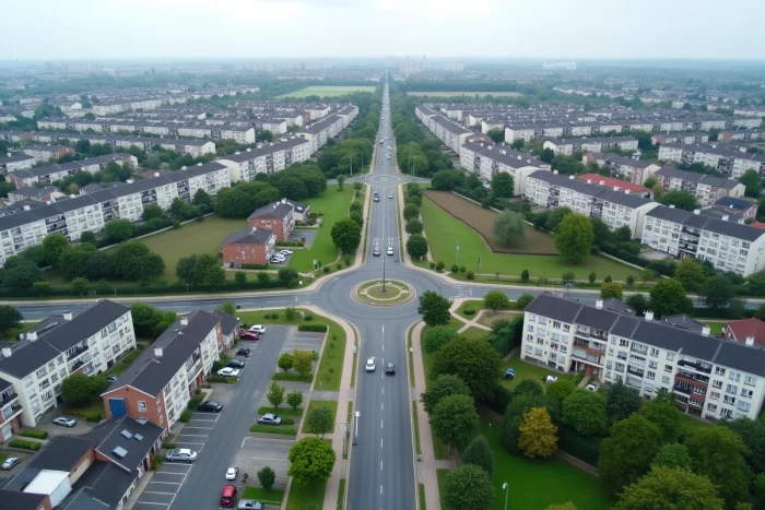 Vue en hauteur de la transition entre banlieue dense et zone périurbaine pavillonnaire en France