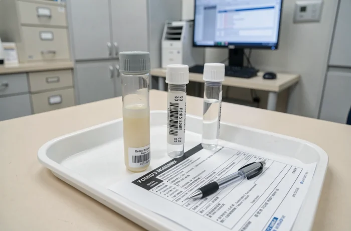 Tubes de sérum sanguin dont un opalescent laiteux sur plateau médical avec rapport d'analyses biologique