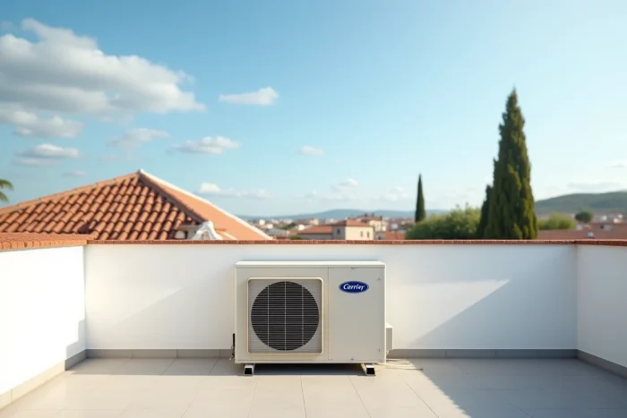 Unité extérieure de climatisation gainable Carrier installée sur une terrasse avec vue sur les toits de Montpellier