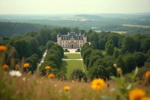 Vue panoramique d'un vaste domaine privé français avec château en pierre et forêts s'étendant à perte de vue
