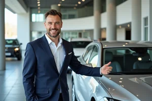 Vendeur automobile présentant une voiture neuve dans une concession moderne au design contemporain