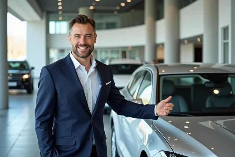 Vendeur automobile présentant une voiture neuve dans une concession moderne au design contemporain