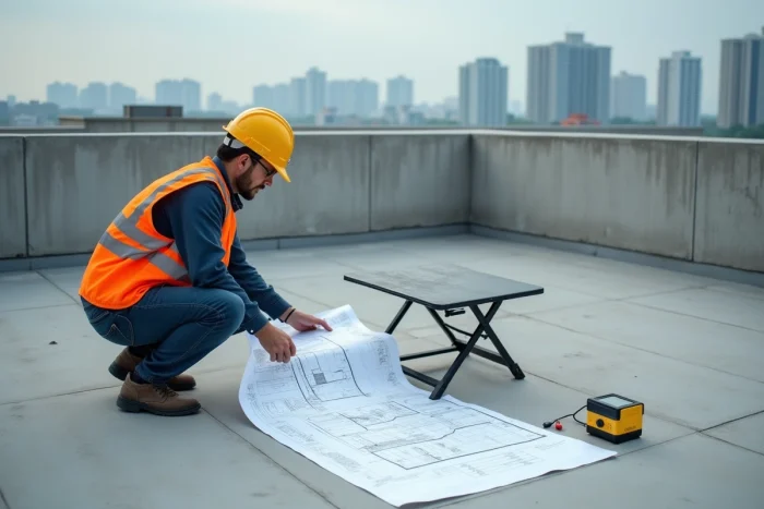 Ingénieur vérifiant la charge admissible d'un toit-terrasse avec des plans techniques et un équipement de mesure