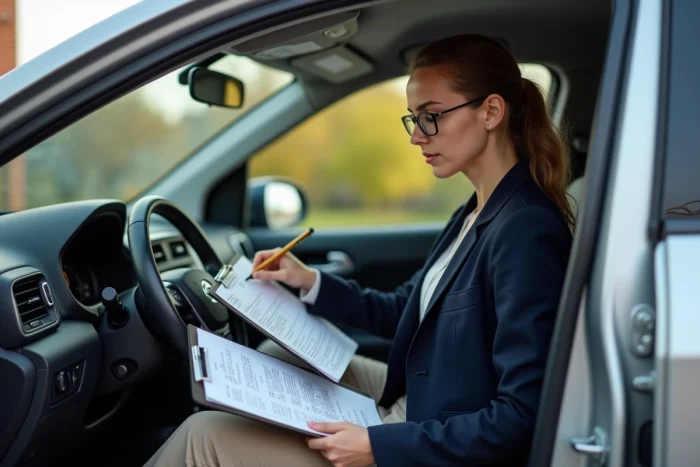 Une femme consulte un rapport d'historique de véhicule avant d'acheter une voiture d'occasion
