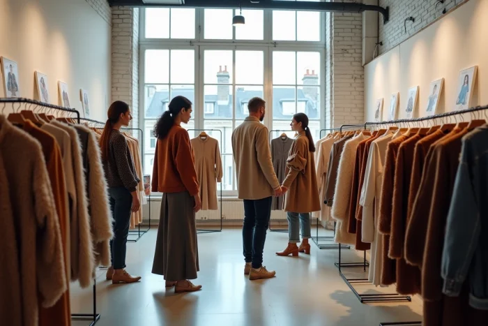 Visiteurs parcourant les créations de designers émergents lors d'un salon de mode indépendant dans un loft parisien