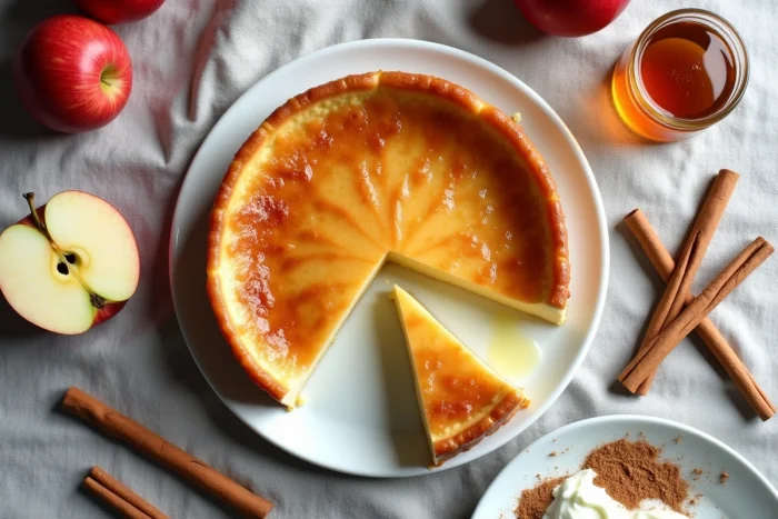 Vue de dessus d'une part de flan aux pommes et yaourt sur assiette blanche, avec cannelle, pomme fraîche et miel sur nappe en lin gris