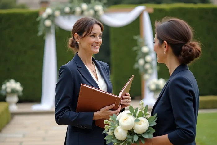 Wedding planner discutant avec une fleuriste dans un jardin de château français devant un arche de cérémonie drapée de blanc
