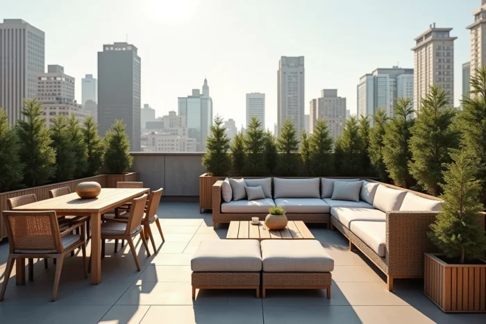 Terrasse rooftop organisée en zones distinctes avec mobilier modulable séparant espace repas et espace lounge